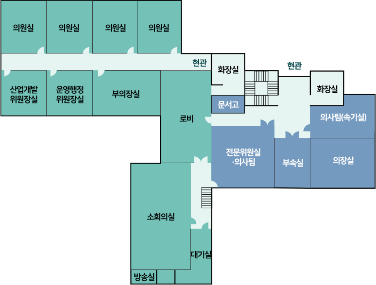 왼쪽 위부터 옥상, 전문위원실, 화장실, 부의장실, 의장실, 부속실, 현관옥상, 휴게실, 소회의실